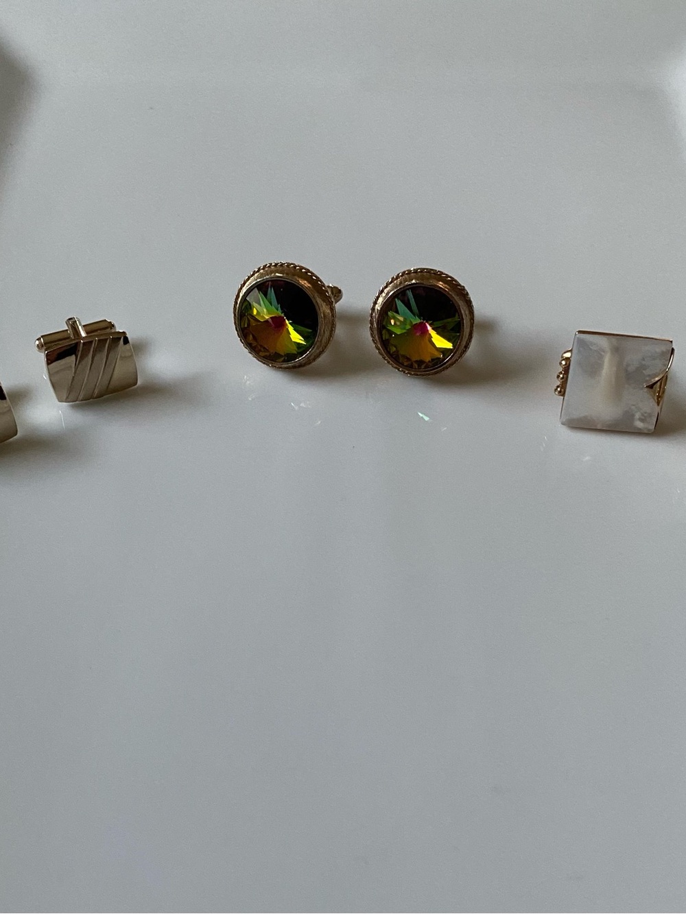 3 sets of Cuff Links. Gold tone, Dante Watermelon & Swank Mother of Pearl